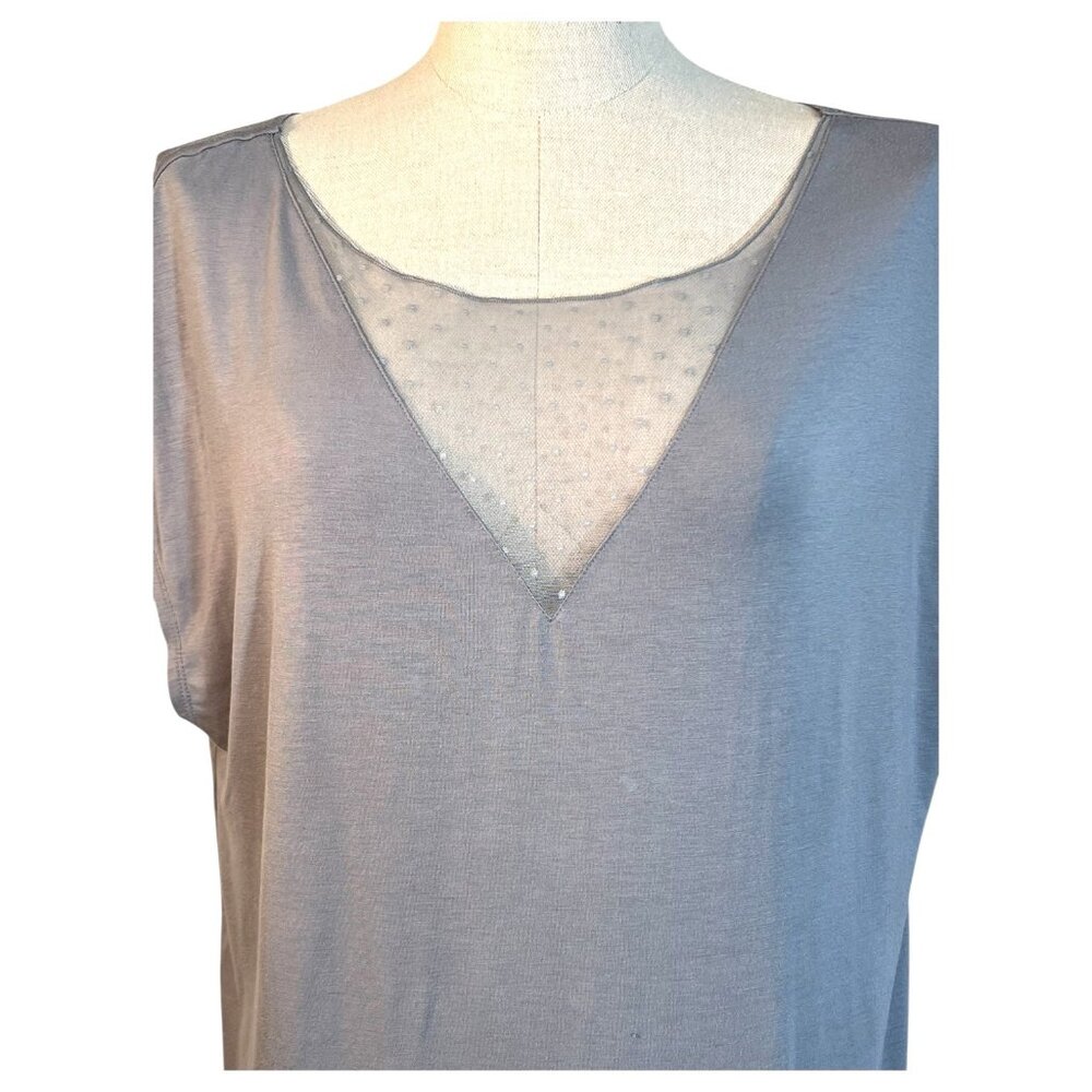 Victorias Secret Gray Sheer Polka V Neck Top‎ Womens M Polka Dot Lace Trim